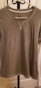 Gray and white, long sleeve t- shirt.